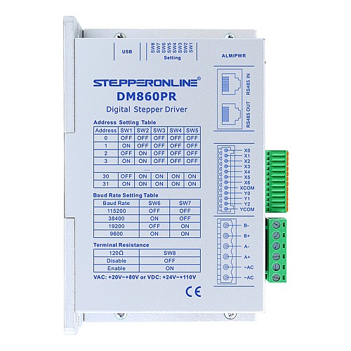 Шаговый драйвер Modbus RS485 серии Y 0-6,0 А, 24-110 В постоянного тока для шагового двигателя Nema 34 - DM860PR | StepperOnline Шаговый драйвер Modbus RS485 серии Y 0-6,0 А, 24-110 В постоянного тока для шагового двигателя Nema 34 - DM860PR | StepperOnline