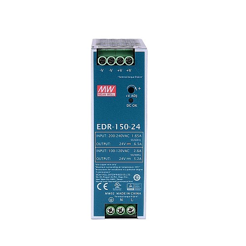 EDR-150-24 MEANWELL 150 Вт 24 В постоянного тока 5,2 А 115 В переменного тока/6,5 А 230 В переменного тока, один выход, промышленная DIN-рейка