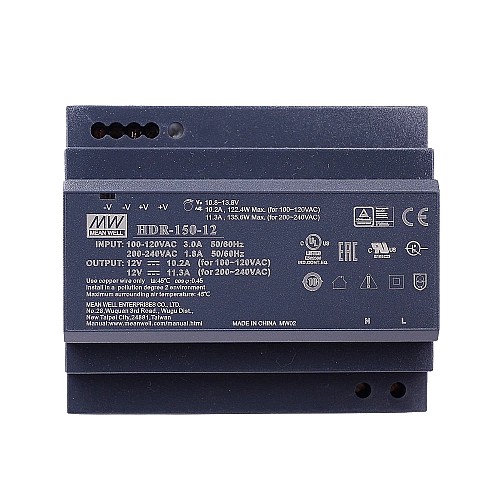 HDR-150-12 MEANWELL 12 В постоянного тока 10,2 А 122,4 Вт 115 В переменного тока/11,3 А 135,6 230 В переменного тока Ультратонкий ступенчатый блок питания на DIN-рейку
