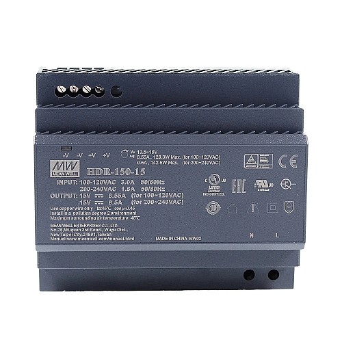 HDR-150-15 MEANWELL 15 В постоянного тока 8,55 А 128,3 Вт 115 В переменного тока/9,5 А 142,5 Вт 230 В переменного тока Ультратонкий ступенчатый блок питания на DIN-рейку