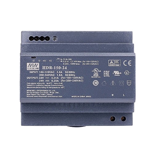 HDR-150-24 MEANWELL 24 В постоянного тока 5,31 А 127,4 Вт 115 В переменного тока/6,25 А 150 Вт 230 В переменного тока сверхтонкий ступенчатый блок питания на DIN-рейку