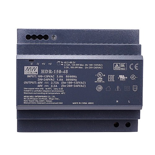 HDR-150-48 MEANWELL 48 В постоянного тока 2,72 А 130,6 Вт 115 В переменного тока/3,2 А 153,6 Вт 230 В переменного тока Ультратонкий ступенчатый блок питания на DIN-рейку