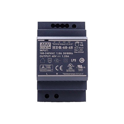 HDR-60-48 MEANWELL 60 Вт 48 В постоянного тока 1,25 А 115/230 В переменного тока Ультратонкий ступенчатый блок питания на DIN-рейку