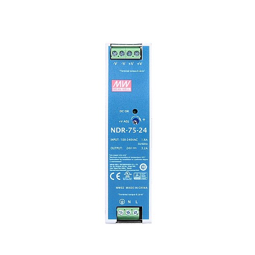 NDR-75-24 MEANWELL 76,8 Вт 24 В постоянного тока 3,2 А 115/230 В переменного тока, один выход, промышленная DIN-рейка NDR-75-24 MEANWELL 76,8 Вт 24 В постоянного тока 3,2 А 115/230 В переменного тока, один выход, промышленная DIN-рейка