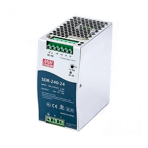 SDR-240-24 MEANWELL 240 Вт 24 В постоянного тока 10 А 115/230 В переменного тока с функцией коррекции коэффициента мощности, блок питания на DIN-рейку SDR-240-24 MEANWELL 240 Вт 24 В постоянного тока 10 А 115/230 В переменного тока с функцией коррекции коэффициента мощности, блок питания на DIN-рейку
