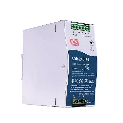SDR-240-24 MEANWELL 240 Вт 24 В постоянного тока 10 А 115/230 В переменного тока с функцией коррекции коэффициента мощности, блок питания на DIN-рейку SDR-240-24 MEANWELL 240 Вт 24 В постоянного тока 10 А 115/230 В переменного тока с функцией коррекции коэффициента мощности, блок питания на DIN-рейку