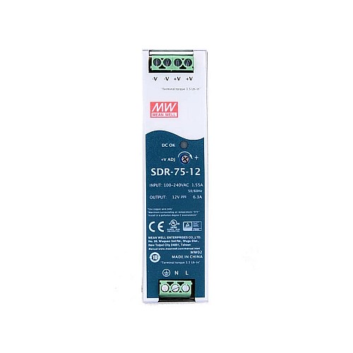 Блок питания MEANWELL SDR-75-12 75,6 Вт 12 В постоянного тока 6,3 А 115/230 В переменного тока на DIN-рейку Блок питания MEANWELL SDR-75-12 75,6 Вт 12 В постоянного тока 6,3 А 115/230 В переменного тока на DIN-рейку