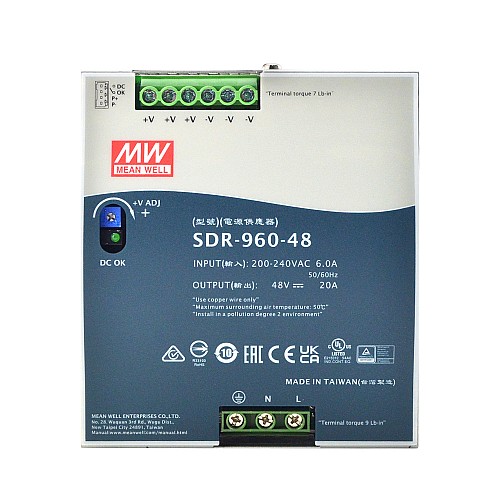 SDR-960-48 MEANWELL 960 Вт 48 В постоянного тока 20 А 230 В переменного тока с функцией коррекции коэффициента мощности (PFC) Блок питания на DIN-рейку SDR-960-48 MEANWELL 960 Вт 48 В постоянного тока 20 А 230 В переменного тока с функцией коррекции коэффициента мощности (PFC) Блок питания на DIN-рейку