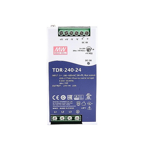 TDR-240-24 MEANWELL 240 Вт 24 В постоянного тока 10 А 400/500 В переменного тока Тонкий трехфазный промышленный DIN-рейка с функцией коррекции коэффициента мощности TDR-240-24 MEANWELL 240 Вт 24 В постоянного тока 10 А 400/500 В переменного тока Тонкий трехфазный промышленный DIN-рейка с функцией коррекции коэффициента мощности