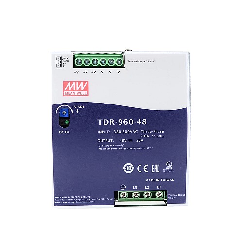 TDR-960-48 MEANWELL 960 Вт 48 В постоянного тока 20 А 400/500 В переменного тока Тонкий трехфазный промышленный блок питания на DIN-рейку с функцией коррекции коэффициента мощности